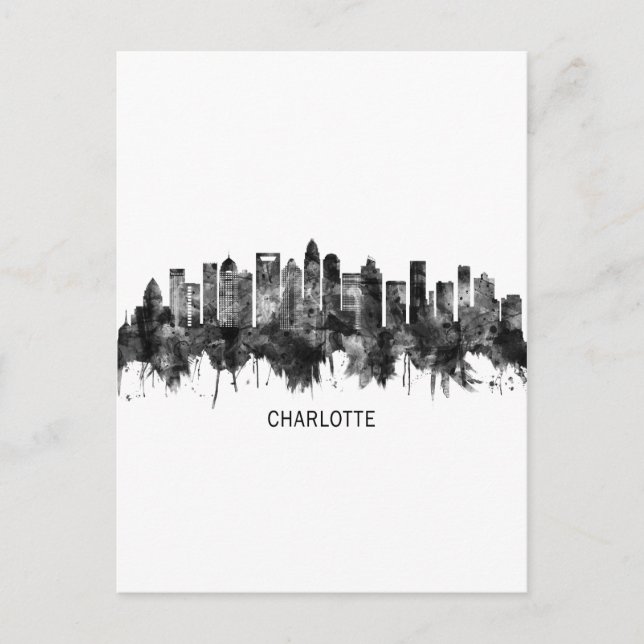 Charlotte North Carolina Skyline BW Invitation Postcard (Front)