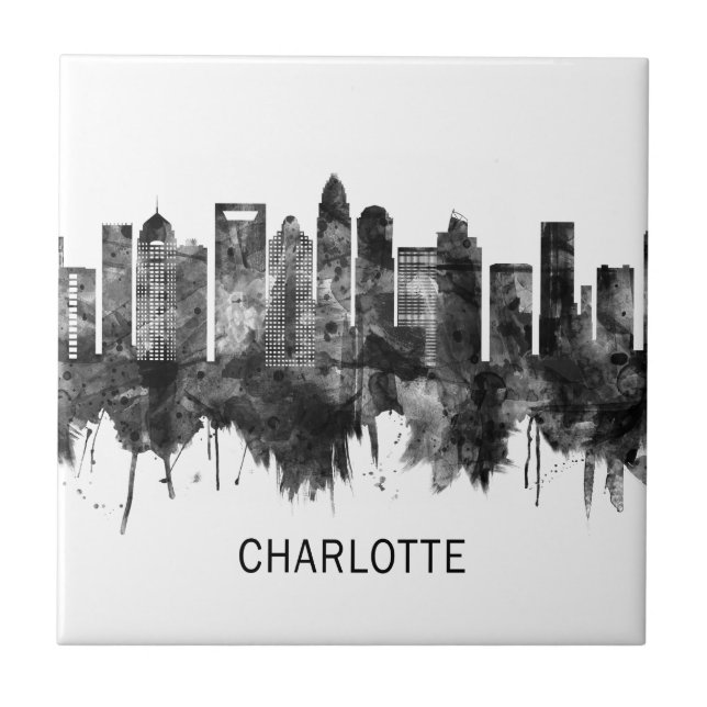 Charlotte North Carolina Skyline BW Tile (Front)