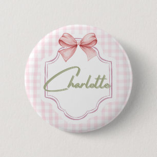 Charlotte Personalized Pink Bow & Gingham Print 6 Cm Round Badge