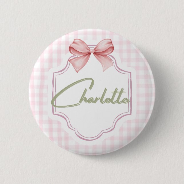Charlotte Personalized Pink Bow & Gingham Print  6 Cm Round Badge (Front)