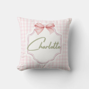 Charlotte Personalized Pink Bow & Gingham Print  Cushion