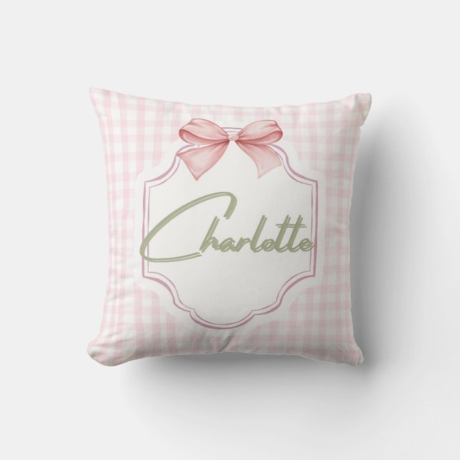 Charlotte Personalized Pink Bow & Gingham Print  Cushion (Front)