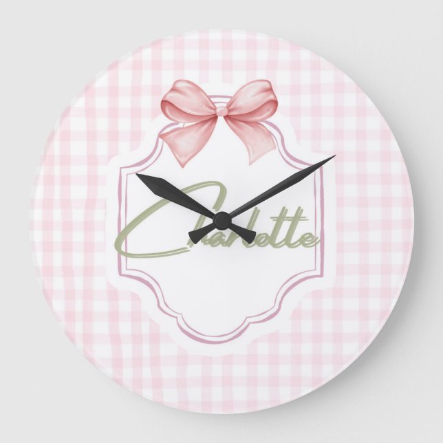 Charlotte Personalized Pink Bow & Gingham Print  Large Clock (Front)