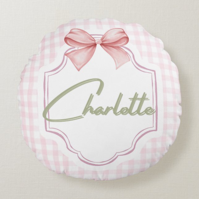Charlotte Personalized Pink Bow & Gingham Print  Round Cushion (Front)