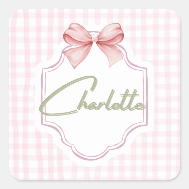 Charlotte Personalized Pink Bow & Gingham Print  Square Sticker (Front)