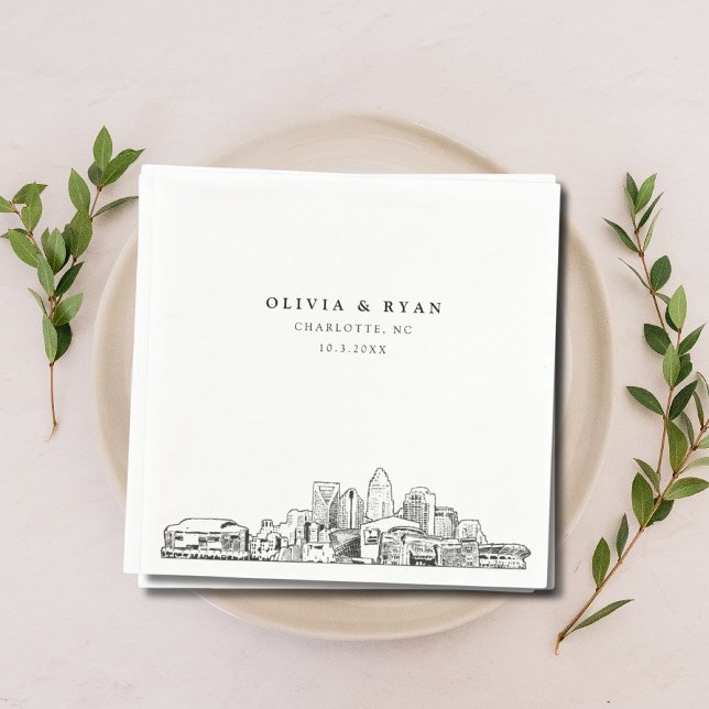 Charlotte Wedding Paper Cocktail Napkin (Charlotte North Carolina Wedding Skyline Napkins Classy Black and White)