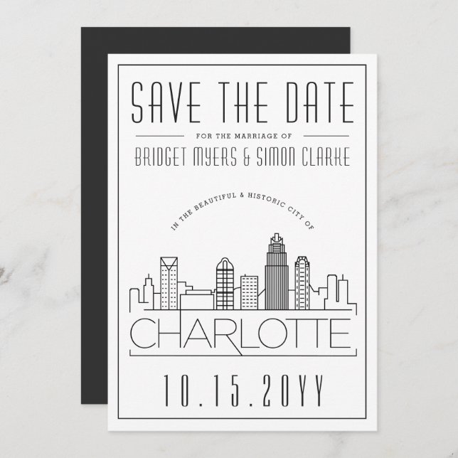 Charlotte Wedding | Stylised Skyline Save the Date Invitation (Front/Back)