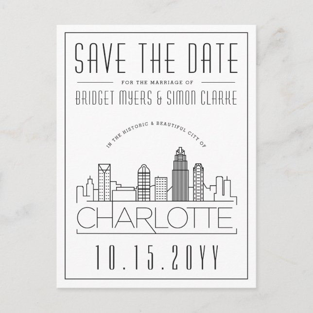 Charlotte Wedding | Stylised Skyline Save the Date Postcard (Front)