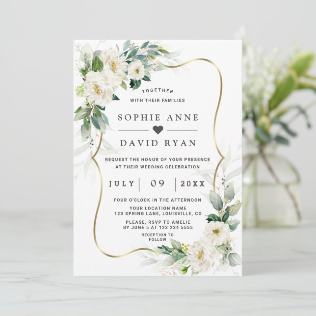Charm Airy Greenery White Flowers Gold Wedding   Invitation (Standing Front)