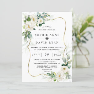 Charm Airy Greenery White Flowers Gold Wedding   Invitation