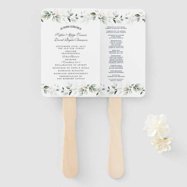 Charm Airy Watercolor Greenery Wedding Program  Hand Fan (Front and Back)