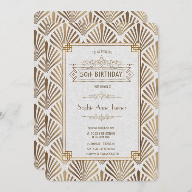 Charm Art Deco White Gatsby 50th Birthday Party Invitation (Front/Back)