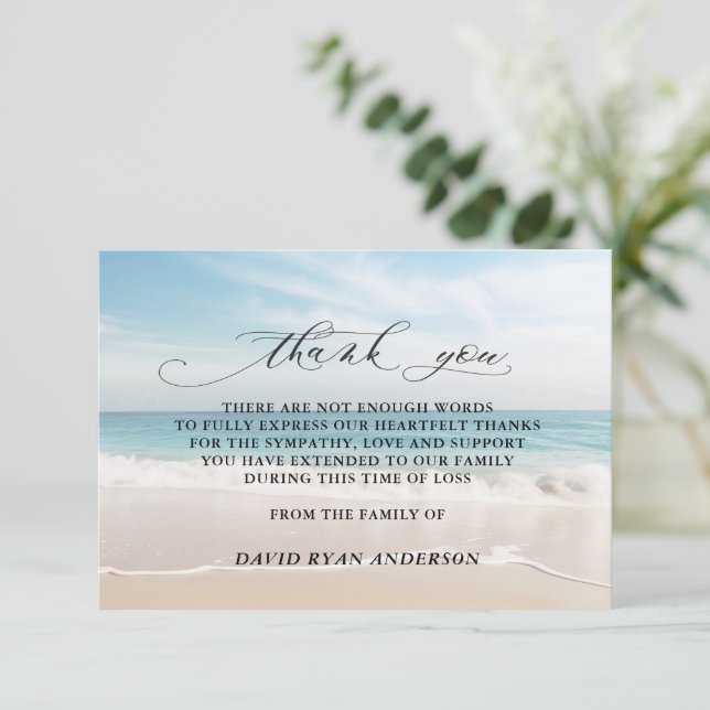 Charm Beach Ocean View Photo In Loving Memory  Thank You Card (Standing Front)