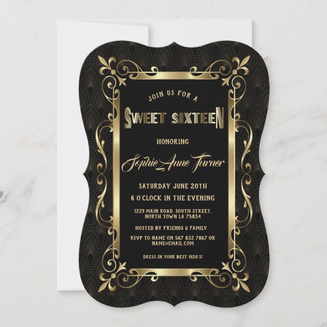 Charm Black Great Gatsby Art Deco 1920s SWEET 16 Invitation (Front)