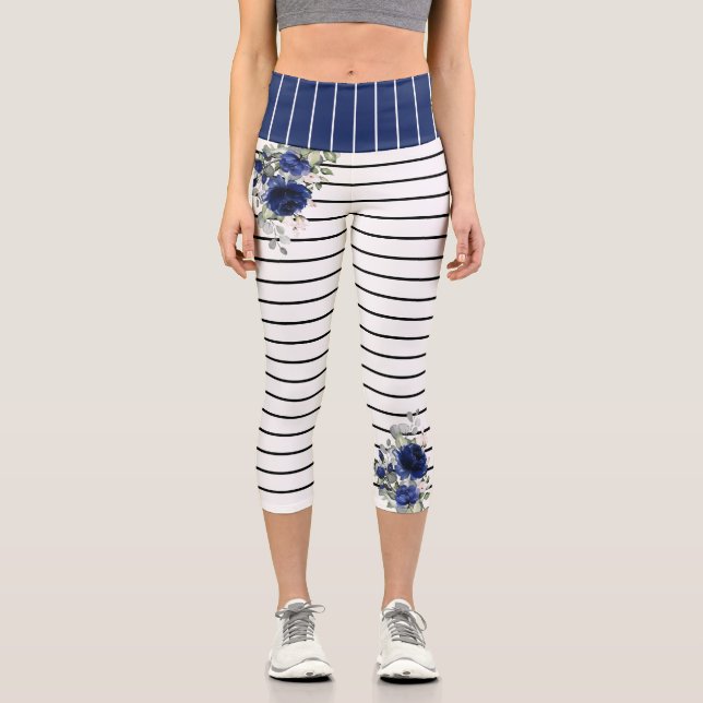 Charm Black White Stripes Navy Blue Floral Pattern Capri Leggings (Front)