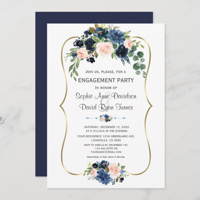 Charm Blue Blush Floral Gold Engagement Invitation (Front/Back)