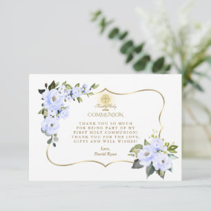 Charm Blue Floral Gold Cross Boy Holy Communion Thank You Card