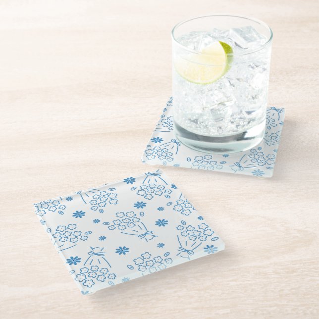Charm Blue Flower Bouquet Pattern Glass Coaster (Angled)