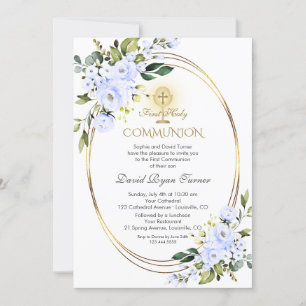 Charm Blue Flowers Boy Gold First Holy Communion  Invitation