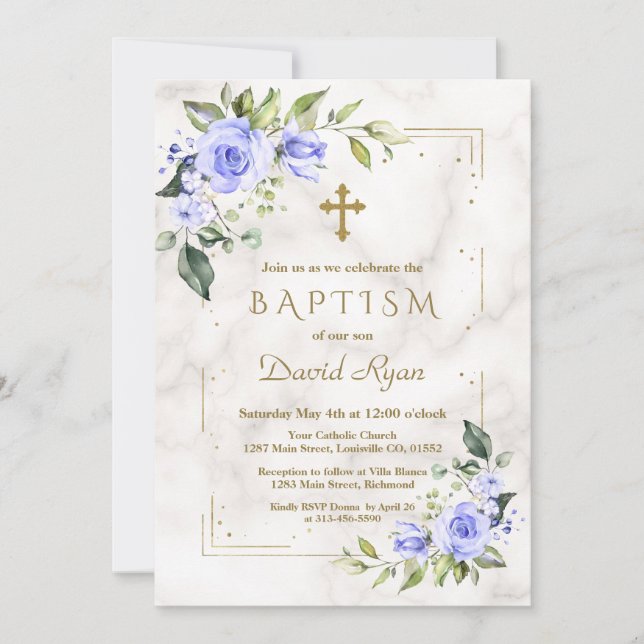 Charm Blue Flowers Gold Glitter Marble Boy Baptism Invitation (Front)