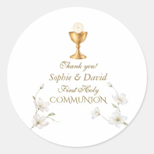 Charm Blush Blue Floral Twin First Holy Communion Classic Round Sticker