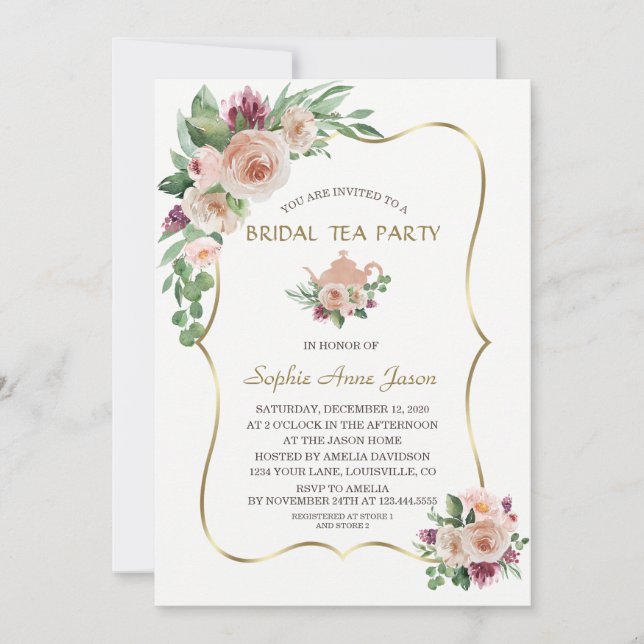 Charm Blush Champagne Floral Gold Bridal Tea Party Invitation (Front)
