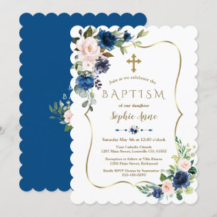 Charm Blush Classic Blue Flowers Gold Girl Baptism Invitation