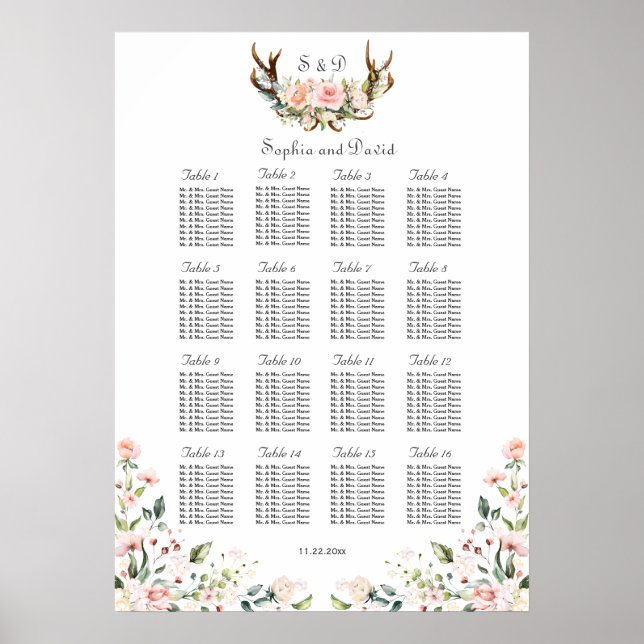 Charm Blush Cream Flowers Antlers Seating Chart (Front)