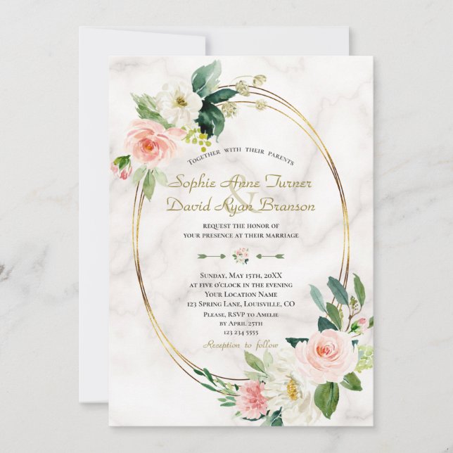 Charm Blush Cream Flowers Marble Gold Wedding Invitation (Front)