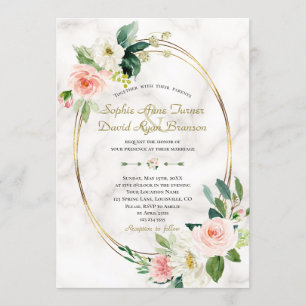 Charm Blush Cream Flowers Marble Gold Wedding Invitation
