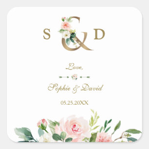 Charm Blush Floral Gold Ampersand Monogram Wedding Square Sticker