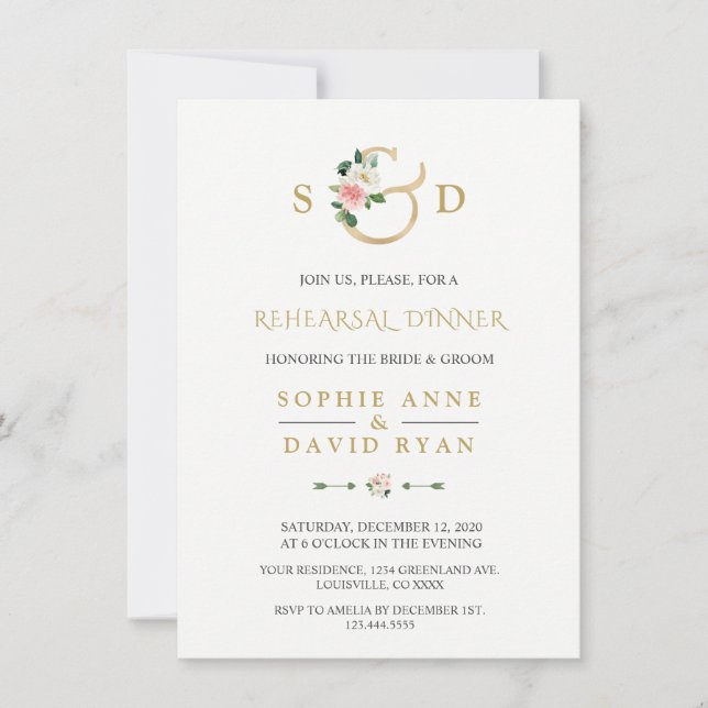Charm Blush Floral Gold Ampersand Rehearsal Dinner Invitation (Front)