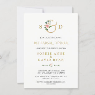 Charm Blush Floral Gold Ampersand Rehearsal Dinner Invitation