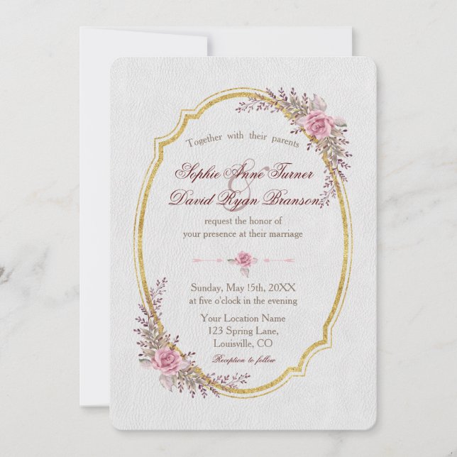 Charm Blush Floral Gold Frame White Wedding Invite (Front)