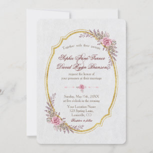 Charm Blush Floral Gold Frame White Wedding Invite