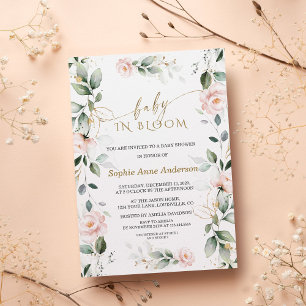 Charm Blush Flowers Gold Leaves Baby in Bloom Invitation