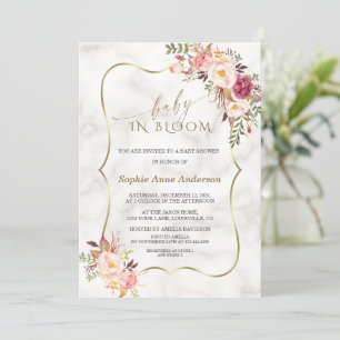 Charm Blush Flowers Gold Marble Baby in Bloom Invitation