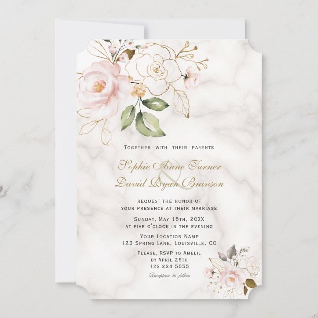 Charm Blush Gold Flowers Monogram Wedding Invitation (Front)