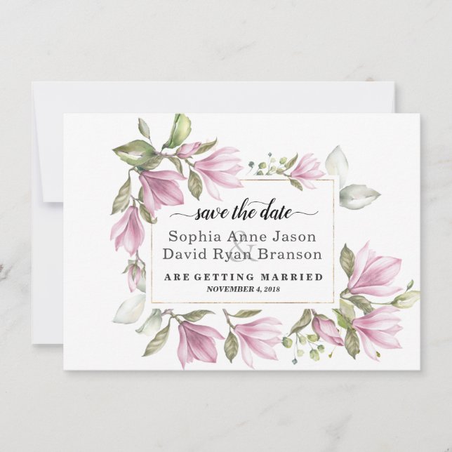 Charm Blush Magnolia Flowers Wedding Calligraphy Save The Date (Front)