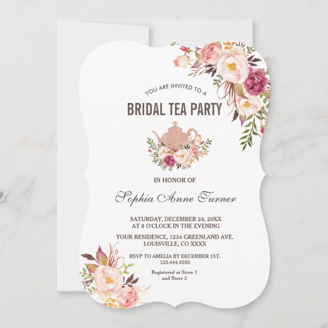 Charm Blush Pink Floral Bridal Shower Tea Party Invitation (Front)