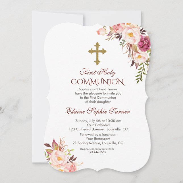 Charm Blush Pink Floral First Holy Communion Invitation (Front)