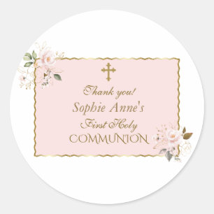 Charm Blush Pink Floral Gold First Holy Communion Classic Round Sticker