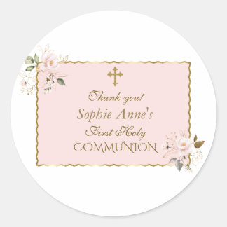 Charm Blush Pink Floral Gold First Holy Communion Classic Round Sticker