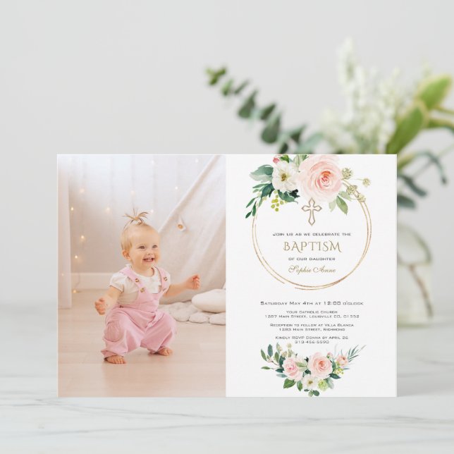 Charm Blush Pink Floral Gold Girl Photo Baptism  Invitation (Standing Front)