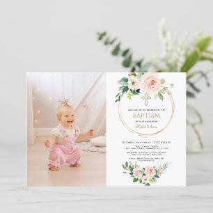 Charm Blush Pink Floral Gold Girl Photo Baptism Invitation