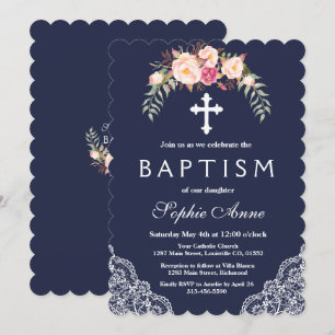 Charm Blush Pink Flowers Lace Navy Baptism Invitation