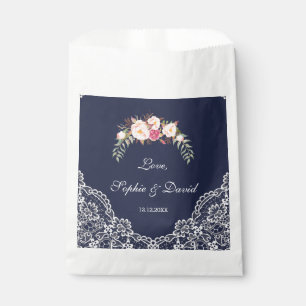 Charm Blush Pink Flowers Lace Navy Wedding Favour Bags