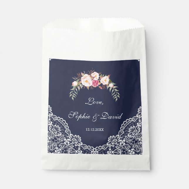 Charm Blush Pink Flowers Lace Navy Wedding Favour Bags (Front)