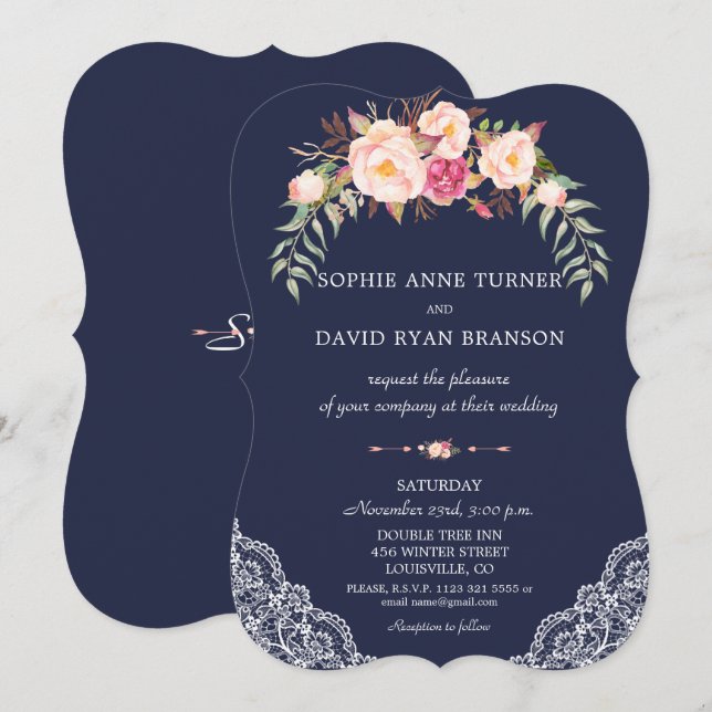 Charm Blush Pink Flowers Lace Navy Wedding Invitation (Front/Back)
