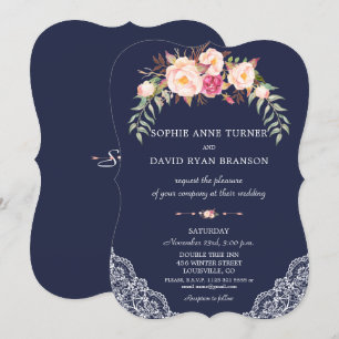 Charm Blush Pink Flowers Lace Navy Wedding Invitation